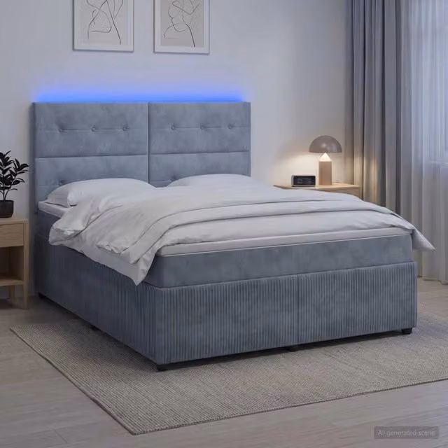 Letto Box Spring vidaXL con Materasso Ibrido e Illuminazione LED, Grigio e Bianco, L/P: 180 x 200 cm