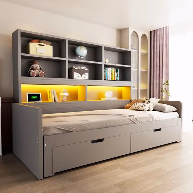 Letto multifunzione 90/180x200 cm in MDF grigio con LED; prese e cassetti