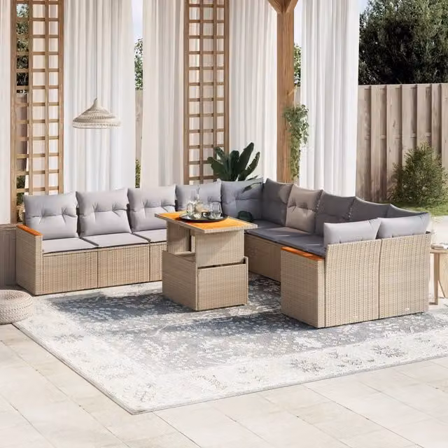 Set di divani da giardino VIDAXL in polyrattan con cuscini beige, design moderno a forma di L con orientamento a sinistra, 11 pezzi – 1