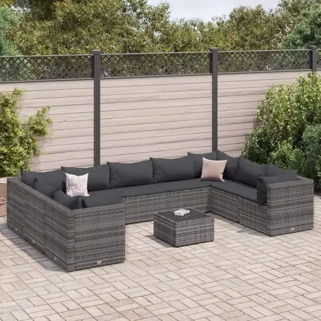Set Divani da Giardino 10 pz con Cuscini in Polyrattan Grigio 3308274