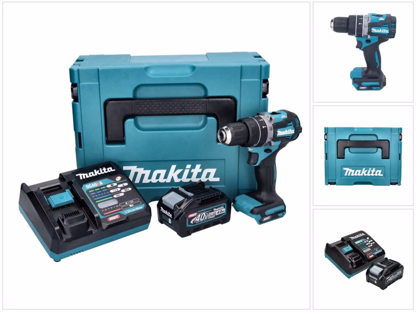 Trapano avvitatore a percussione a batteria Makita HP 002 GM101 40 V 64 Nm brushless + 1 batteria da 4,0 Ah + caricabatterie + Makpac