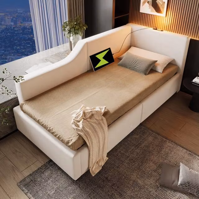 Divano letto singolo 90x200 cm in velluto beige con contenitore idraulico; luce da lettura e USB-C