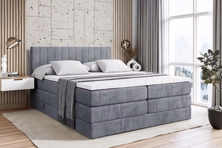 Letto con boxspring ALTDECOR, completo di 2 materassi e topper - 180x200 cm - Modello EDITA KING - Grigio velluto - Letto imbottito con materassi H3 e H4, contenitore e rete a doghe, letto con spazio contenitivo