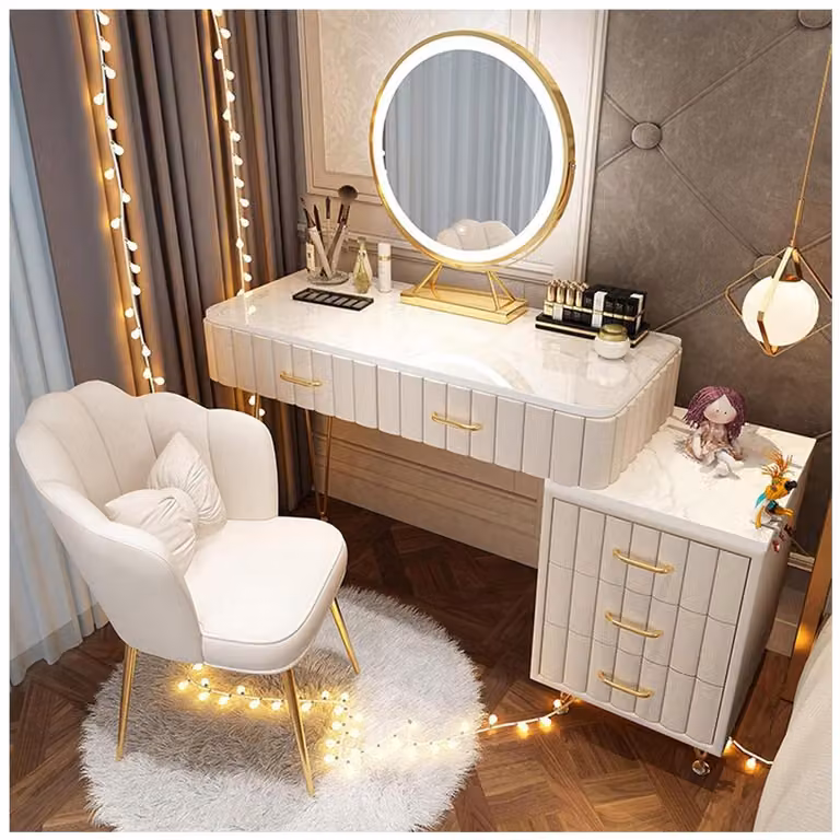 Comò da trucco con specchio e 5 cassetti, poltrona in velluto, piano in granito, colore bianco, 100 cm