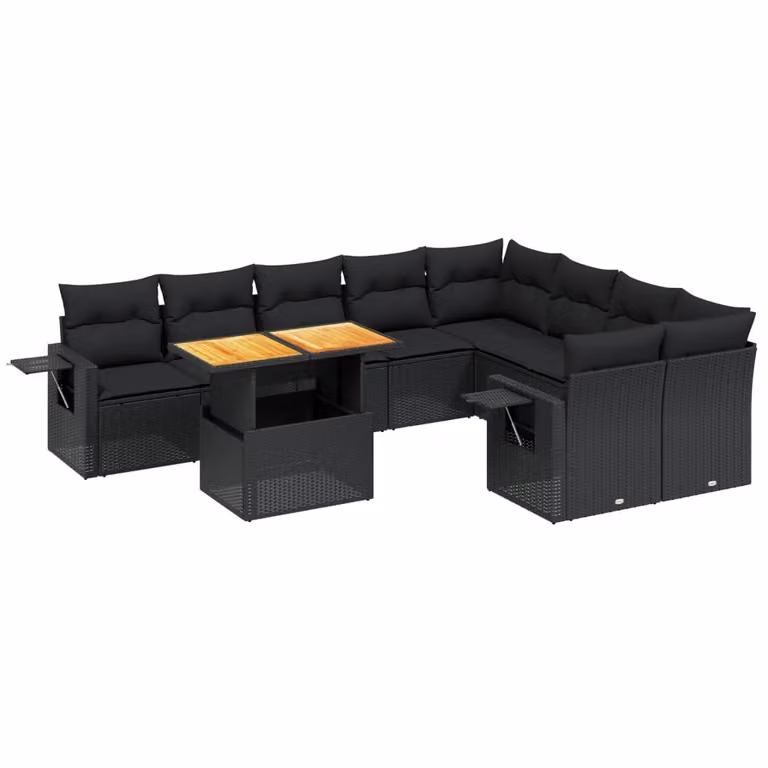Set Divani da Giardino 10pz con Cuscini in Polyrattan Nero
