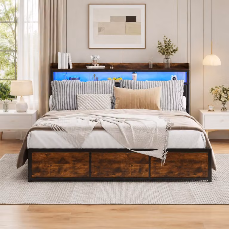 Letto imbottito INONEFT, 180x200 cm, letto matrimoniale con 4 cassetti, struttura in metallo con rete a doghe in ferro, testiera con LED e spazio contenitivo, rivestimento in PU, colore nero