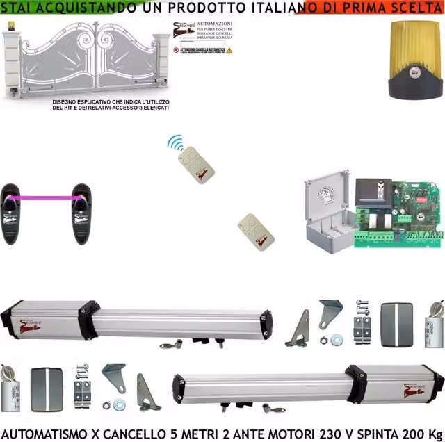 Automazione Cancello 5 Metri 2 Ante da 2,5 MT Kit Base 2 Motori Elettromeccanici 230 V Corsa 400 mm Spinta 2 Q.li Kit Staffe 2 Radiocomandi 1 Coppia Fotocellule Faro 2 Chiavi Sblocco Cartello Monitore