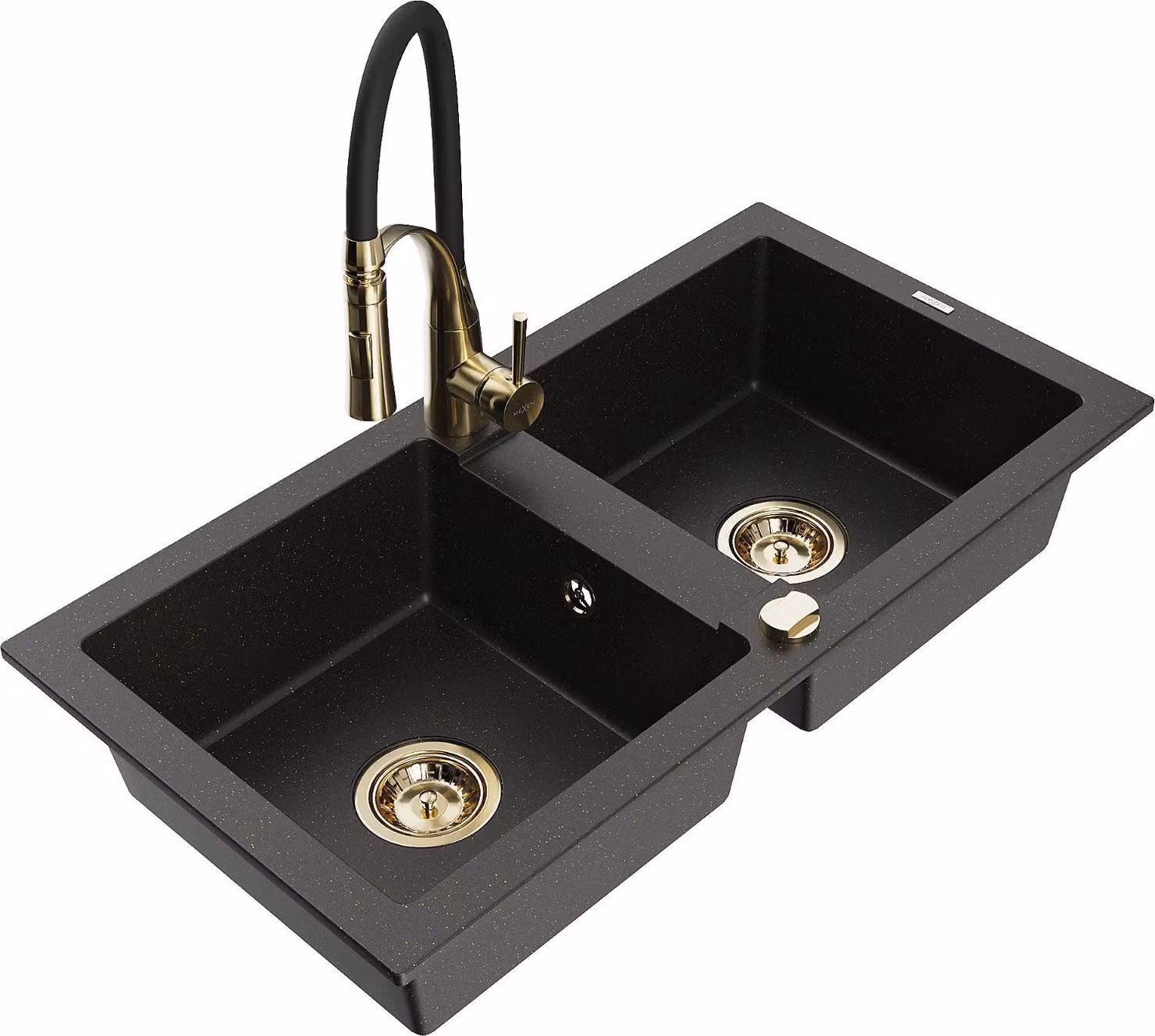 Mexen Mario lavello da cucina in granito a 2 vasche con rubinetto da cucina Aster, nero/oro metallico - 6504-75-73450-57-G