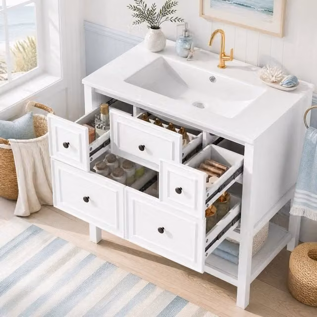 Mobile sottolavabo OKWISH per bagno con lavandino in ceramica, bianco, L: 76 cm, P: 46,5 cm, H: 82 cm
