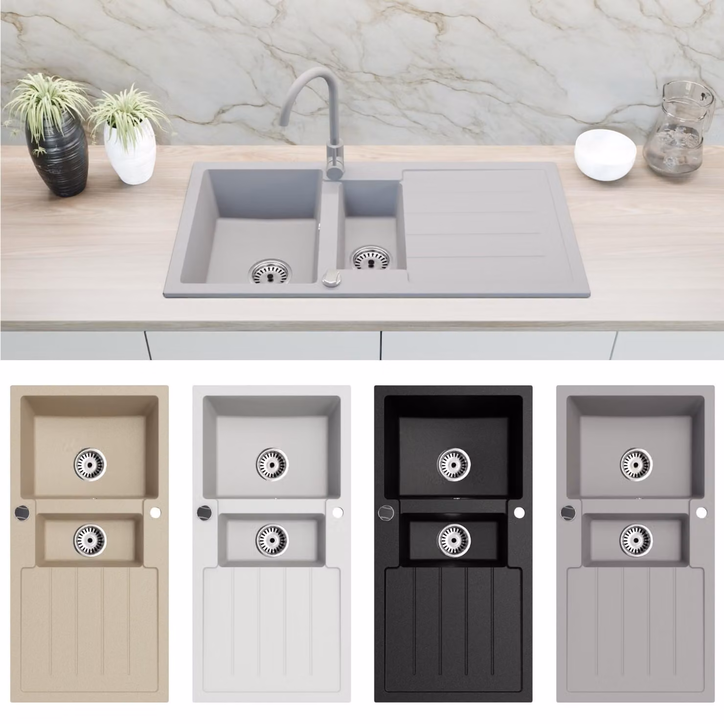 Lavello in granito Lavello da cucina Lavello da incasso 100x50 cm a doppia vasca con sgocciolatoio + accessori Grigio