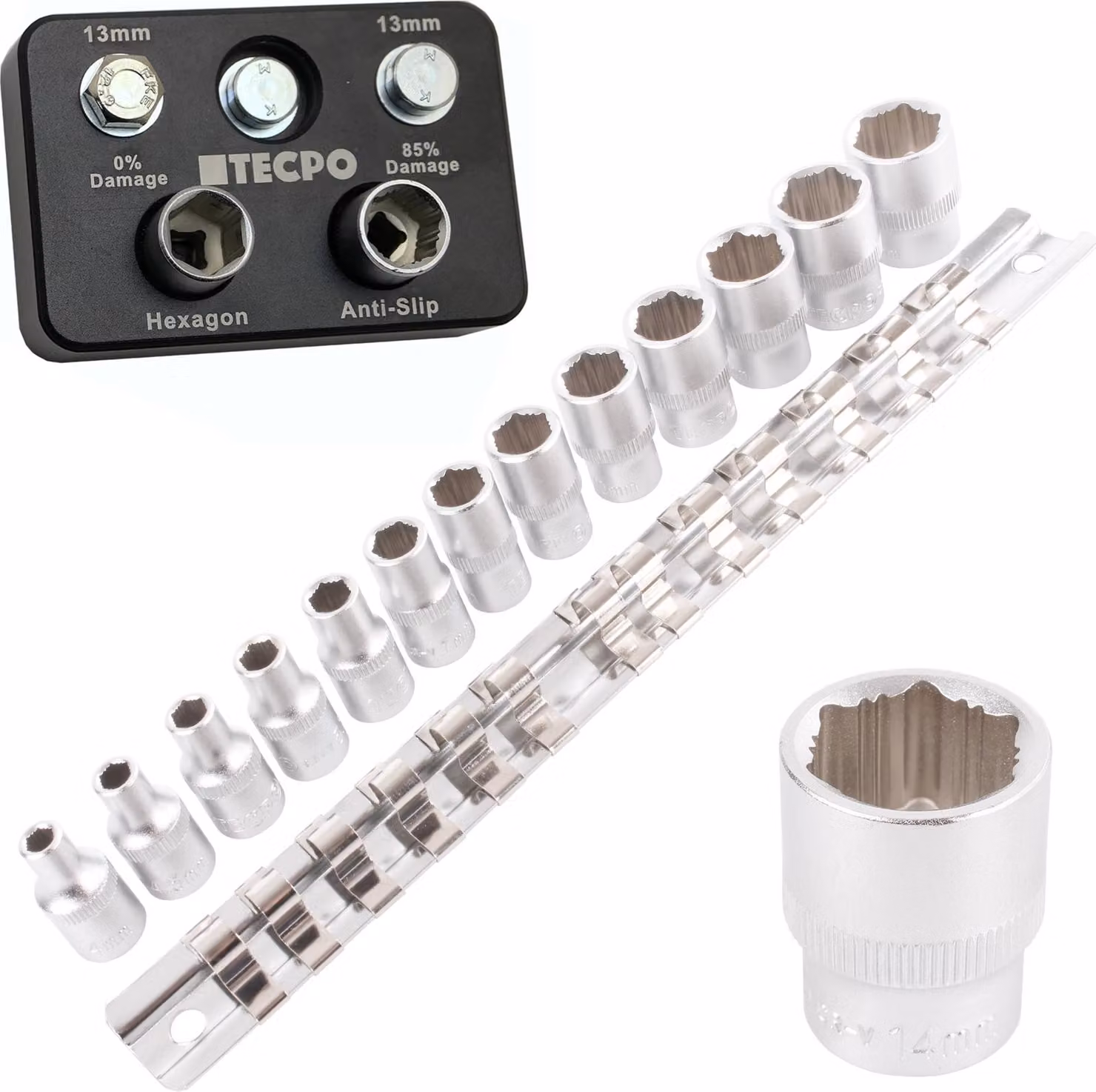 Set di chiavi a bussola antiscivolo 1/4" 13 pezzi.