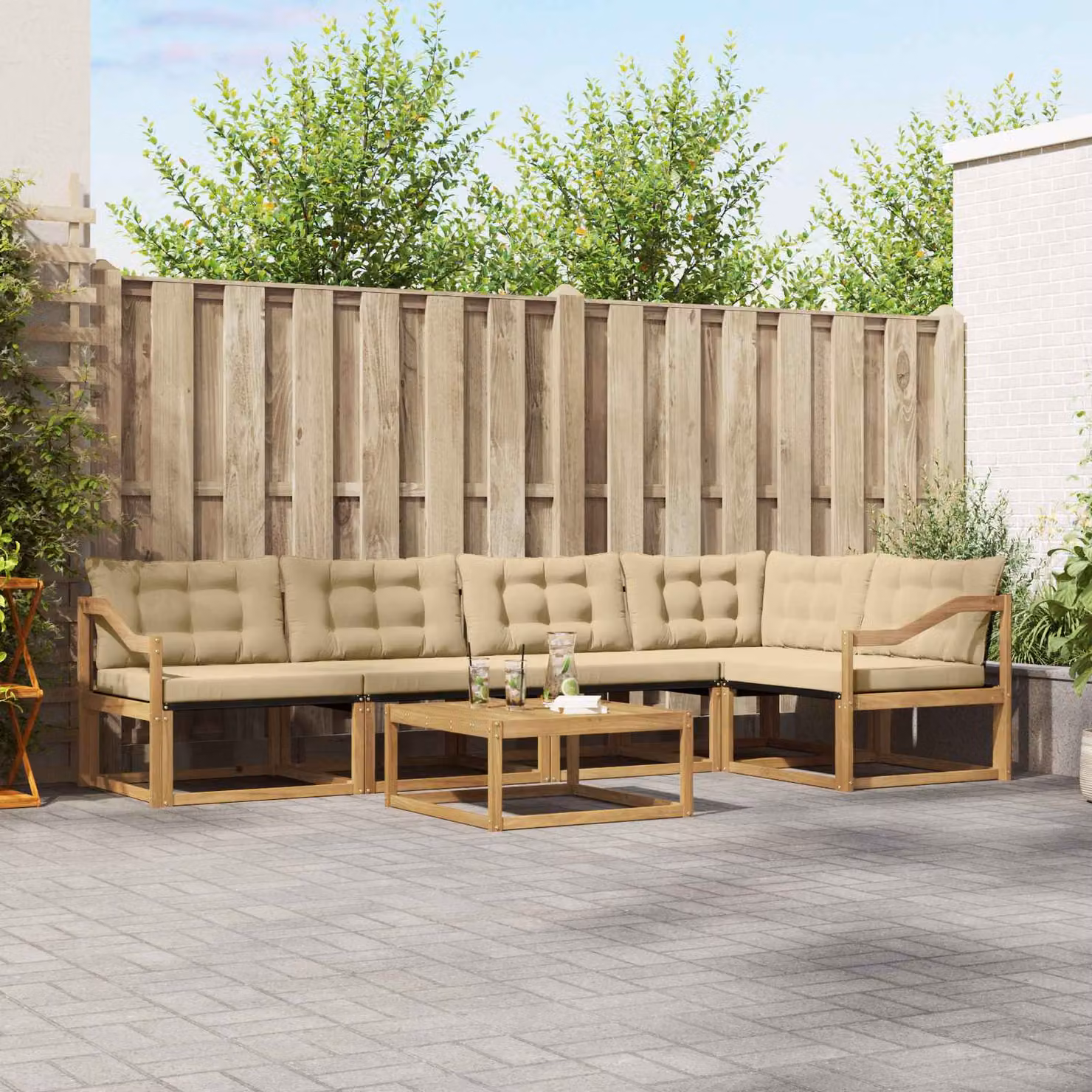 Set di divani da esterno vidaXL 6 pz con tavolo da caffè, struttura in legno di acacia e sedute in textilene, colore bianco, beige e marrone