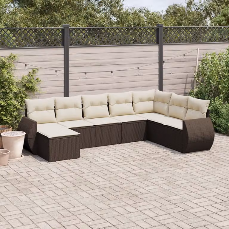 vidaXL Set Divani da Giardino 8 pz a Forma a L in Polyrattan Marrone con Cuscini Bianchi