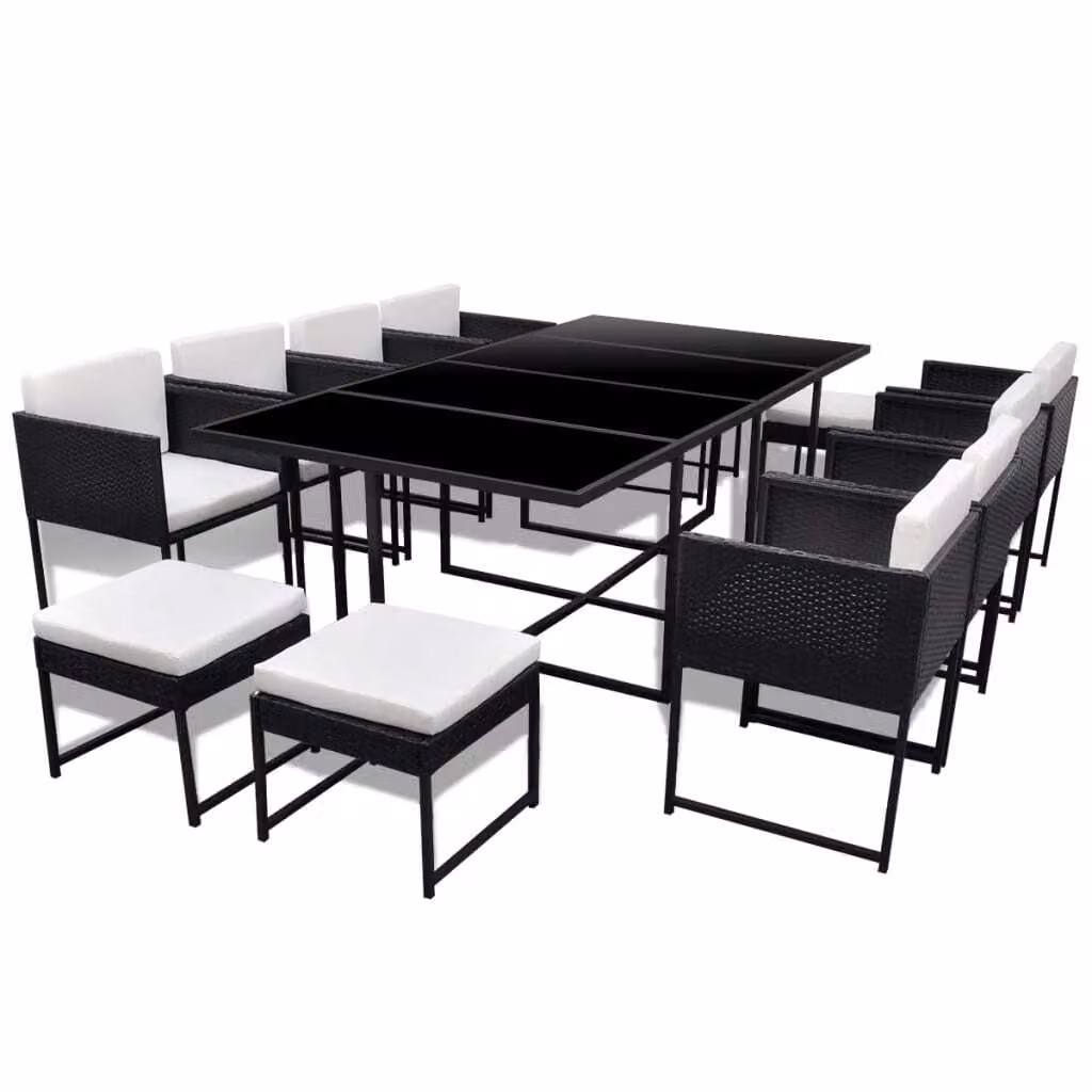 Set da Pranzo da Giardino 13 pz con Cuscini in Polyrattan Nero