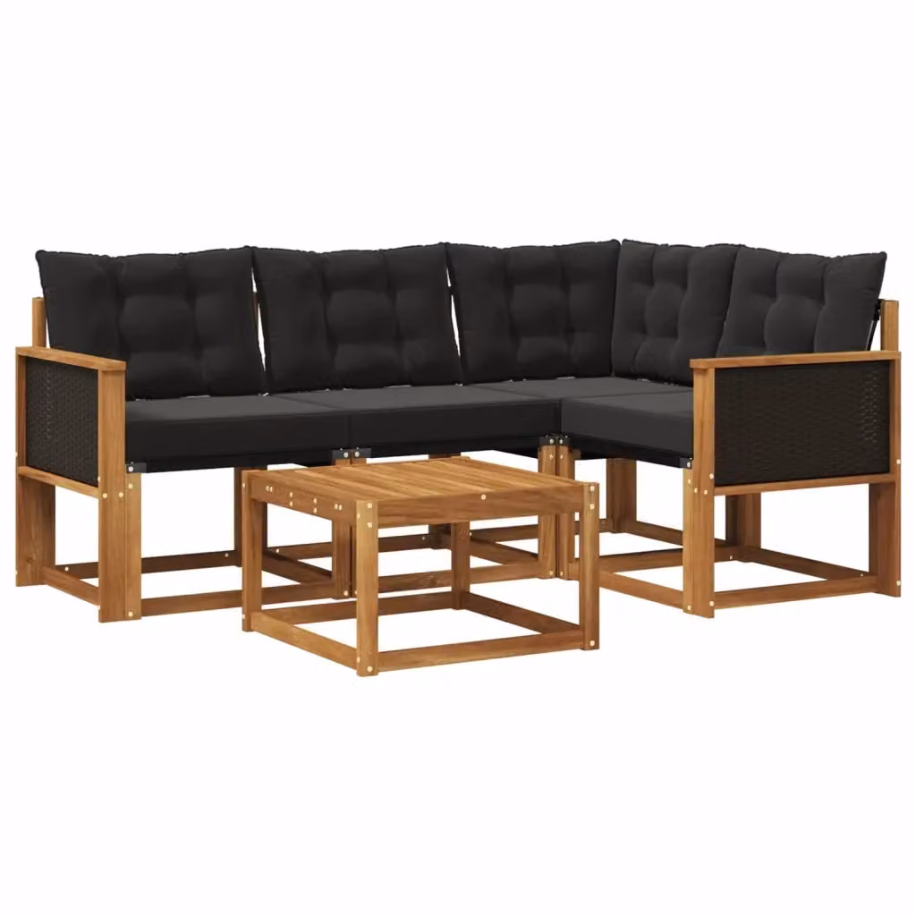 Set di divani da esterno a L con tavolino vidaXL in legno di acacia e tessuto textilene, colore marrone e nero – 2