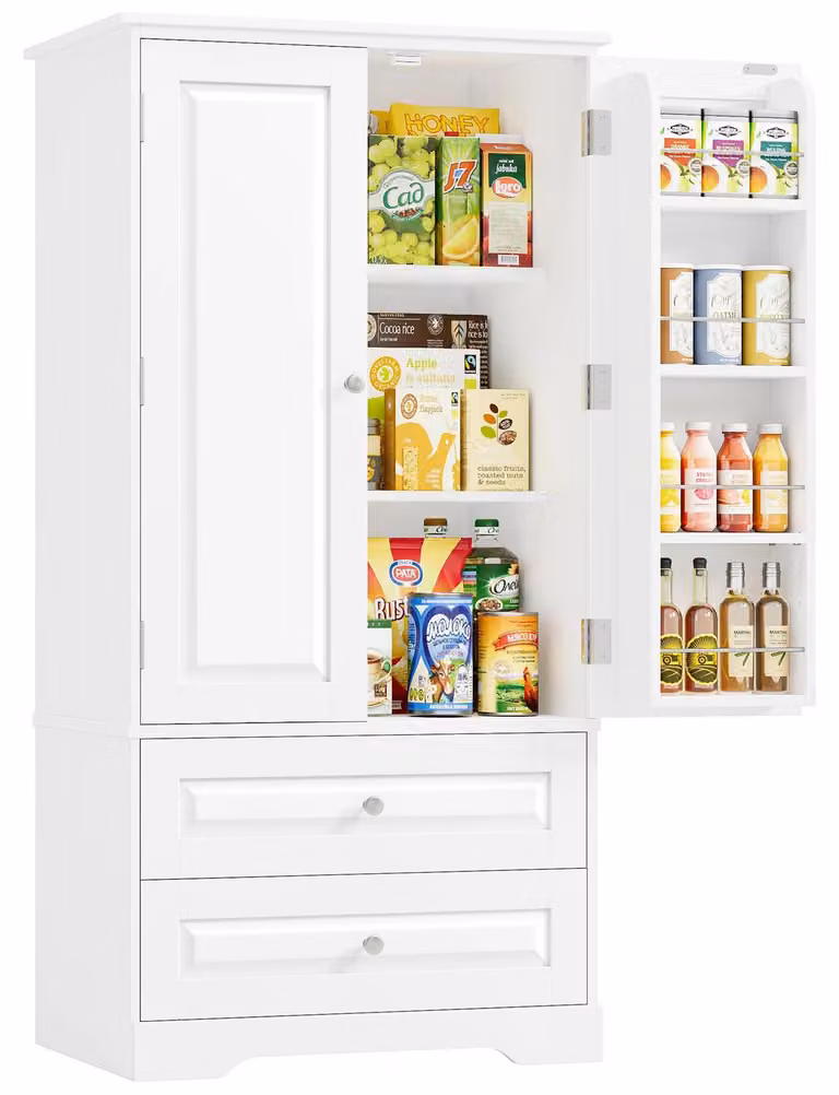 Credenza da cucina - Credenza alta - 2 ante e 2 cassetti - Ripiani regolabili - Pannelli in MDF - 60x40x120 cm - Bianco