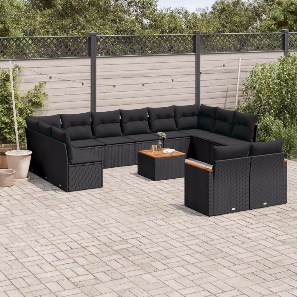 vidaXL Set Divani da Giardino a Forma di U in Polyrattan Nero con Cuscini e Tavolino da Esterno – 1