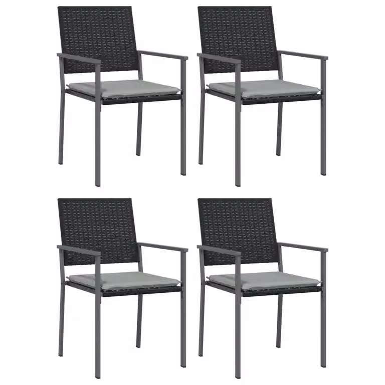 Set di 4 sedie da giardino vidaXL in polyrattan con cuscini, colore nero e grigio, L: 54 cm, P: 62,5 cm, H: 89 cm