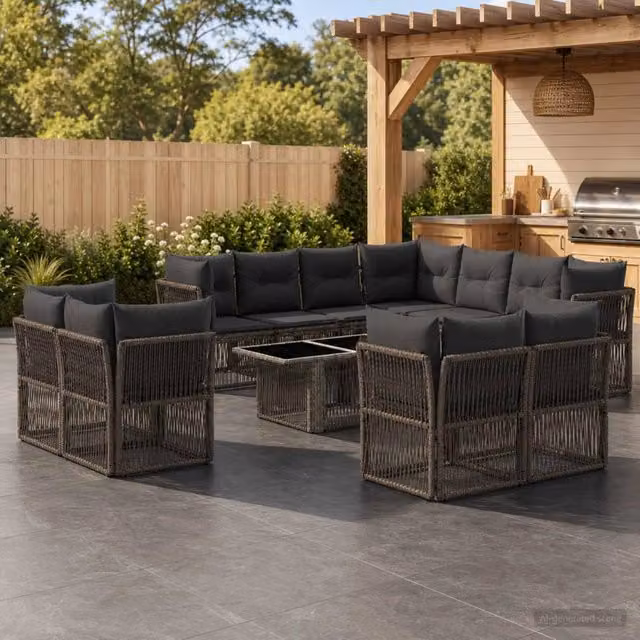 Set Divano da Giardino Moderno vidaXL in Polyrattan Grigio con Tavolino e Cuscini a Forma di U – 1
