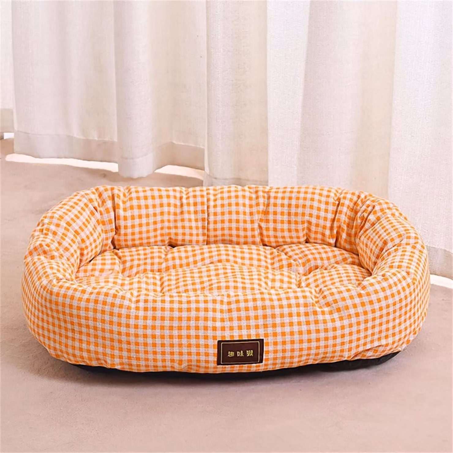 Cuccia per cani, motivo Karomuster, ortopedica, lavabile, rettangolare, arancione, taglia M