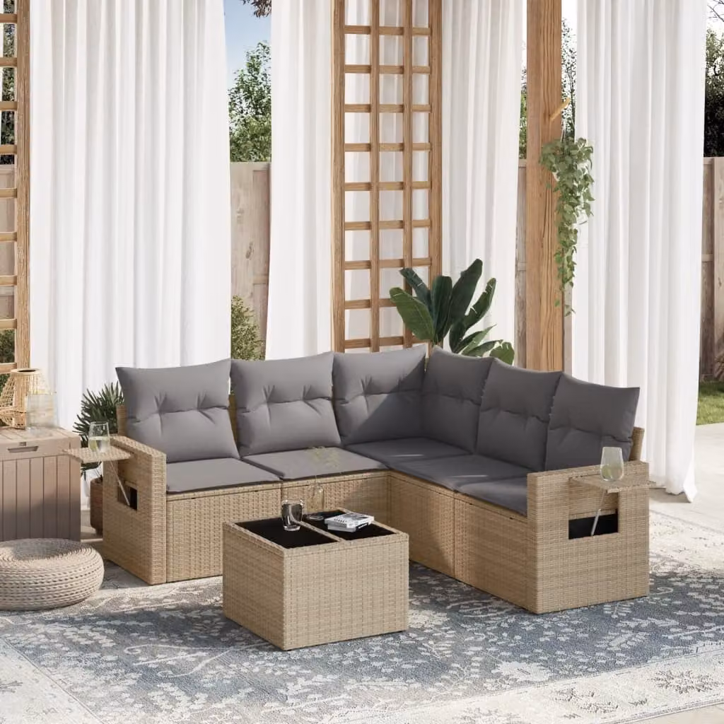 Set Divano da Giardino 6 pz vidaXL con Cuscini Beige e Tavolino in Polyrattan e Metallo – 1