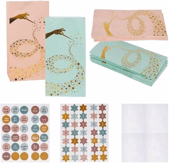 Set di sacchetti regalo in carta, fogli di adesivi e calendario dell'Avvento
