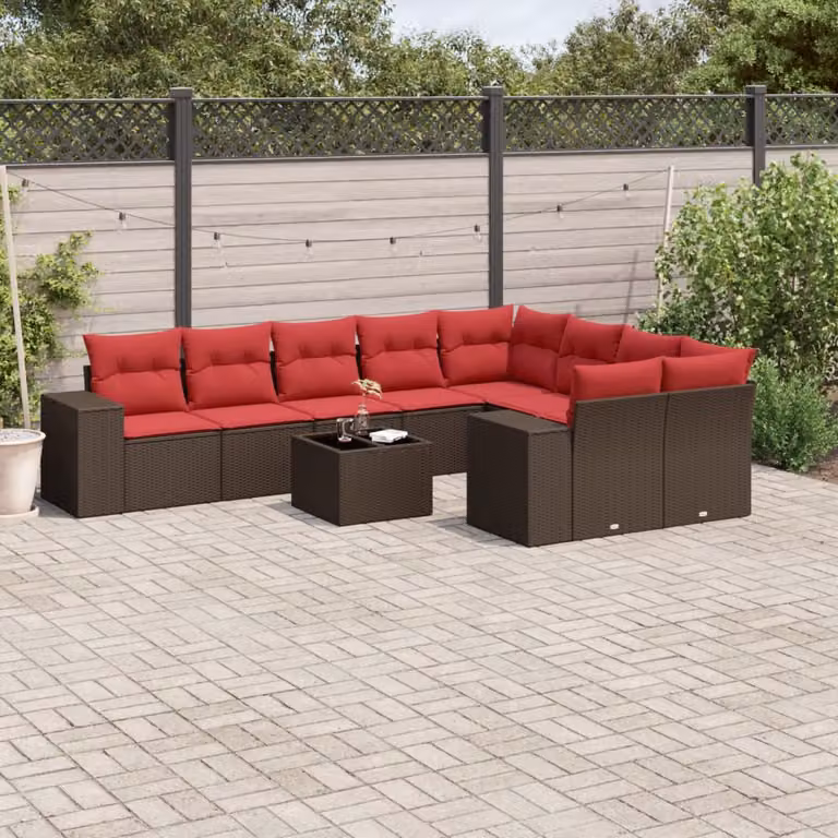 Set di divani da giardino vidaXL in polyrattan marrone con cuscini e tavolino da esterno a forma di L per 10 persone