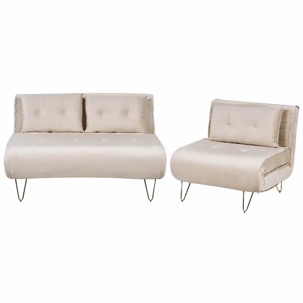 Set di 2 divani letto Beliani in velluto beige con cuscini e gambe in metallo oro per soggiorno stile glamour – 2