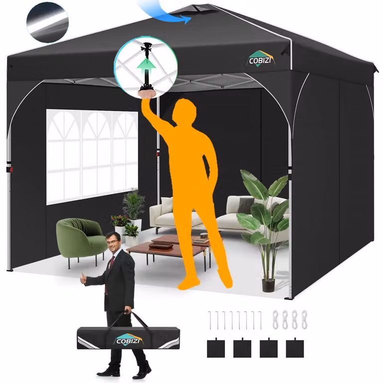 Gazebo da esterno 3x3 metri, impermeabile, con protezione UV 50+, dotato di 3 pannelli laterali neri e con altezza regolabile
