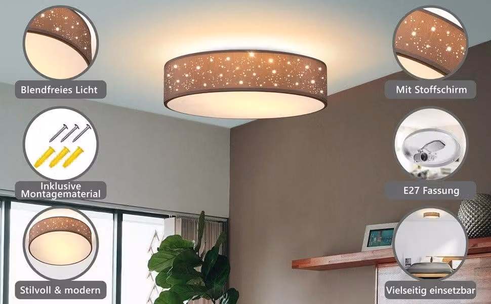 Lampada da soffitto in tessuto 30 cm, attacco E27, tortora