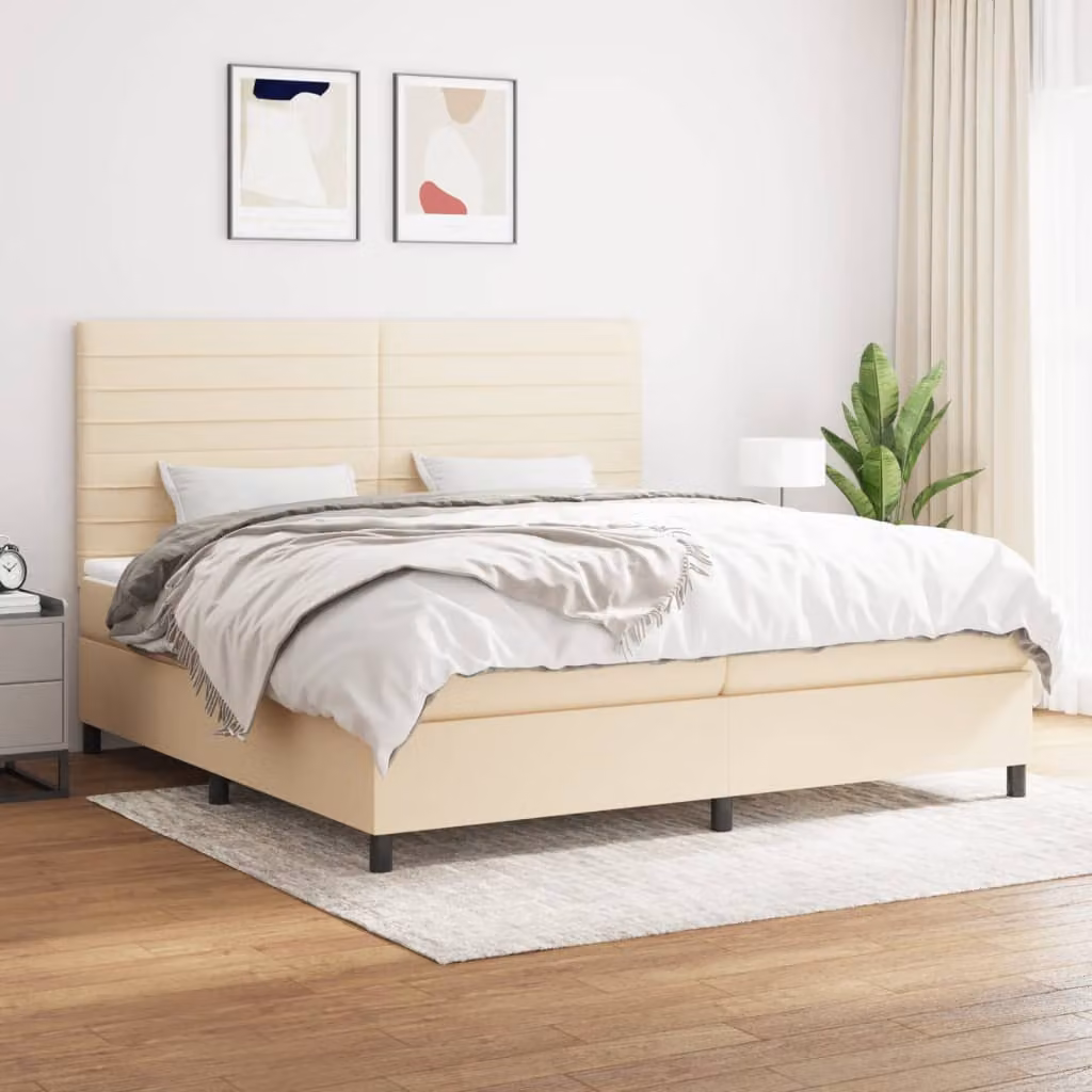vidaXL Letto con Giroletto a Molle e Materasso in Tessuto Beige e Bianco L: 200 cm, P: 200 cm, H: 128 cm