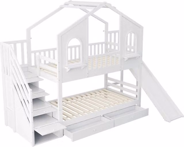 Letto a castello per bambini 90x200 cm con design a casetta, scivolo, scala con contenitore e cassetti, bianco