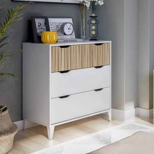 Cassettiera Archi DMORA, Comò e Settimino Multiuso per Camera da Letto o Soggiorno, Bianco e Rovere, L 71 cm x P 40 cm x H 76 cm – 1