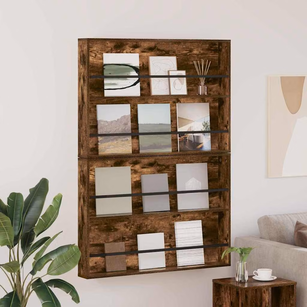 Set di 2 Scaffali per riviste vidaXL in Rovere Fumo con ripiani regolabili, L: 100 cm, P: 12 cm, H: 70 cm