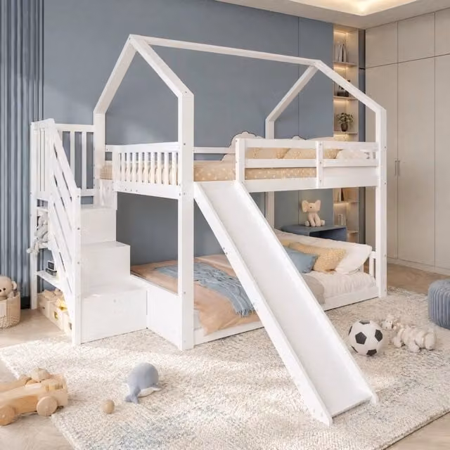 Letto a castello ULEVR 140x200 cm con scala contenitore, scivolo e design a casetta, bianco