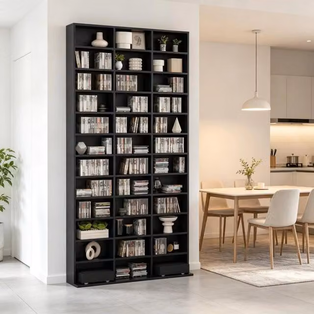 Mobile porta CD 102x23.5x195 cm con ripiani regolabili in MDF nero