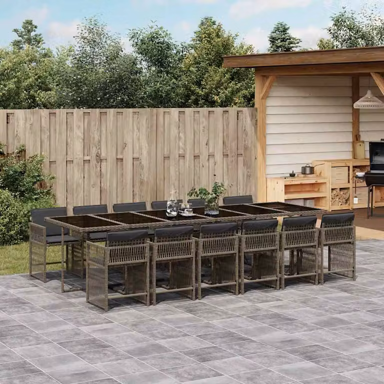 vidaXL Set da Pranzo da Giardino 13pz in Polyrattan Grigio con Cuscini e Tavolo in Vetro