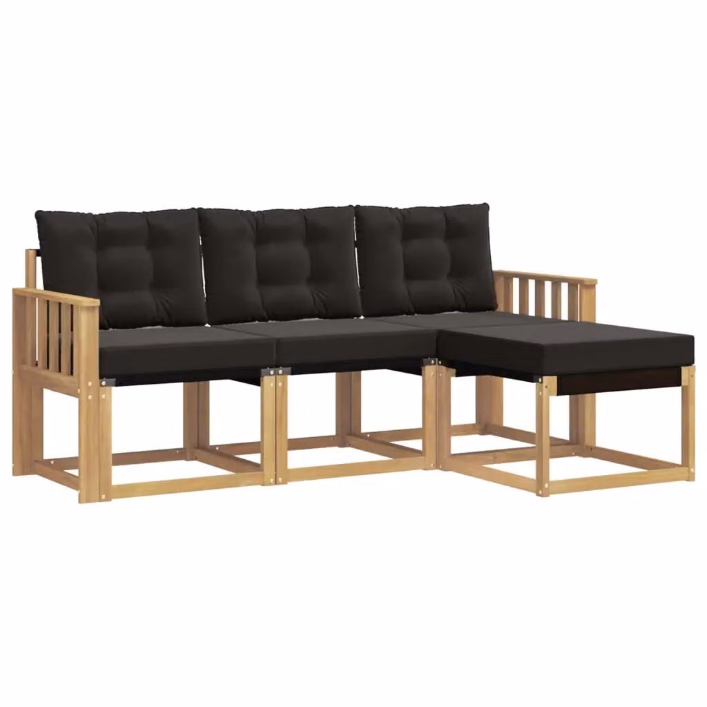 Set di divani da esterno a L con pouf vidaXL in legno di acacia e tessuto textilene, Bianco e Nero – 2