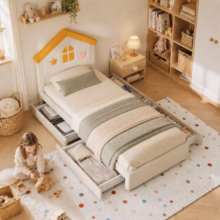 Letto imbottito per bambini Merax, 90x200 cm, con 4 cassetti, letto a forma di casetta, imbottito in velluto, letto per ragazzi con testiera a forma di casetta, colore beige
