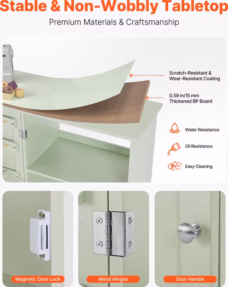 SucceBuy Tavolo da cucito pieghevole dal design pratico, con ripiani di stoccaggio, morsetti in legno e chiusura magnetica della porta, versatile per studi di moda, studi artistici e casa, verde chiaro