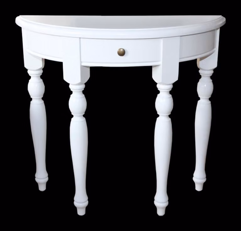 Tavolino consolle shabby chic in legno massello, bianco, dimensioni: larghezza 82 cm, altezza 75 cm, profondità 32 cm. Consolle in stile rustico