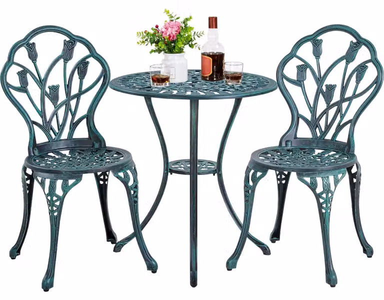 Set da giardino bistrot Set mobili da giardino - 3 pezzi - Alluminio pressofuso - Verde - 2 persone - Per balcone e terrazzo