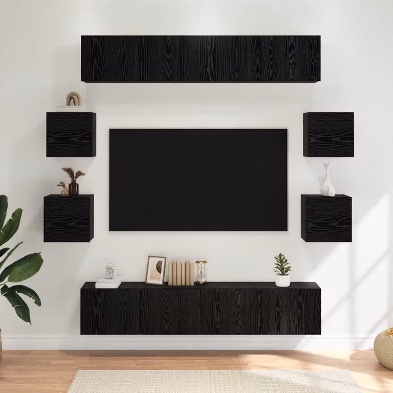 Set mobile TV moderno vidaXL in 8 pezzi, colore nero e rovere, in legno ingegnerizzato MDF per soggiorno