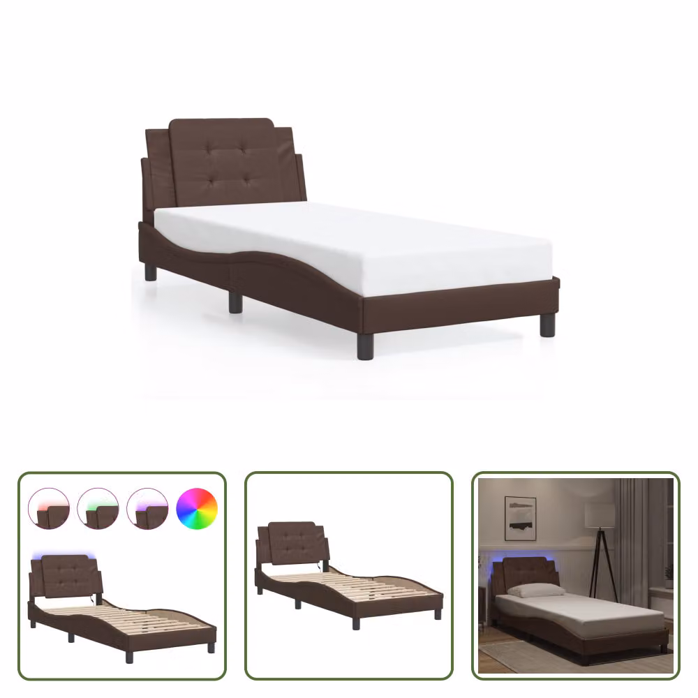The Living Store Struttura letto con LED Marrone 80x200 cm in ecopelle