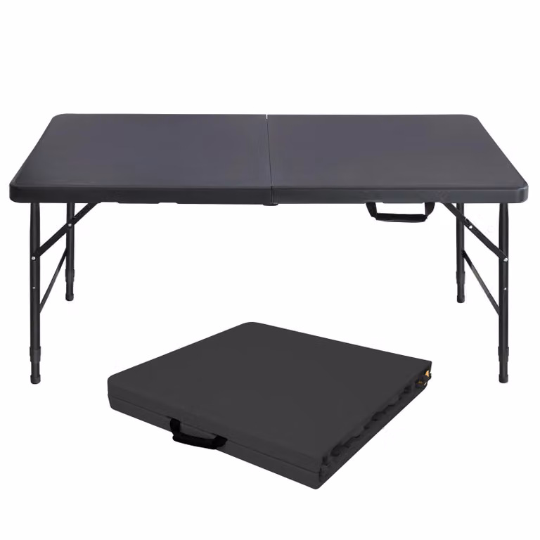 Tavolino pieghevole da 125 cm, regolabile in altezza e dotato di maniglia, ideale per campeggio, picnic e feste sia all'interno che all'esterno; portata massima 135 kg (nero)