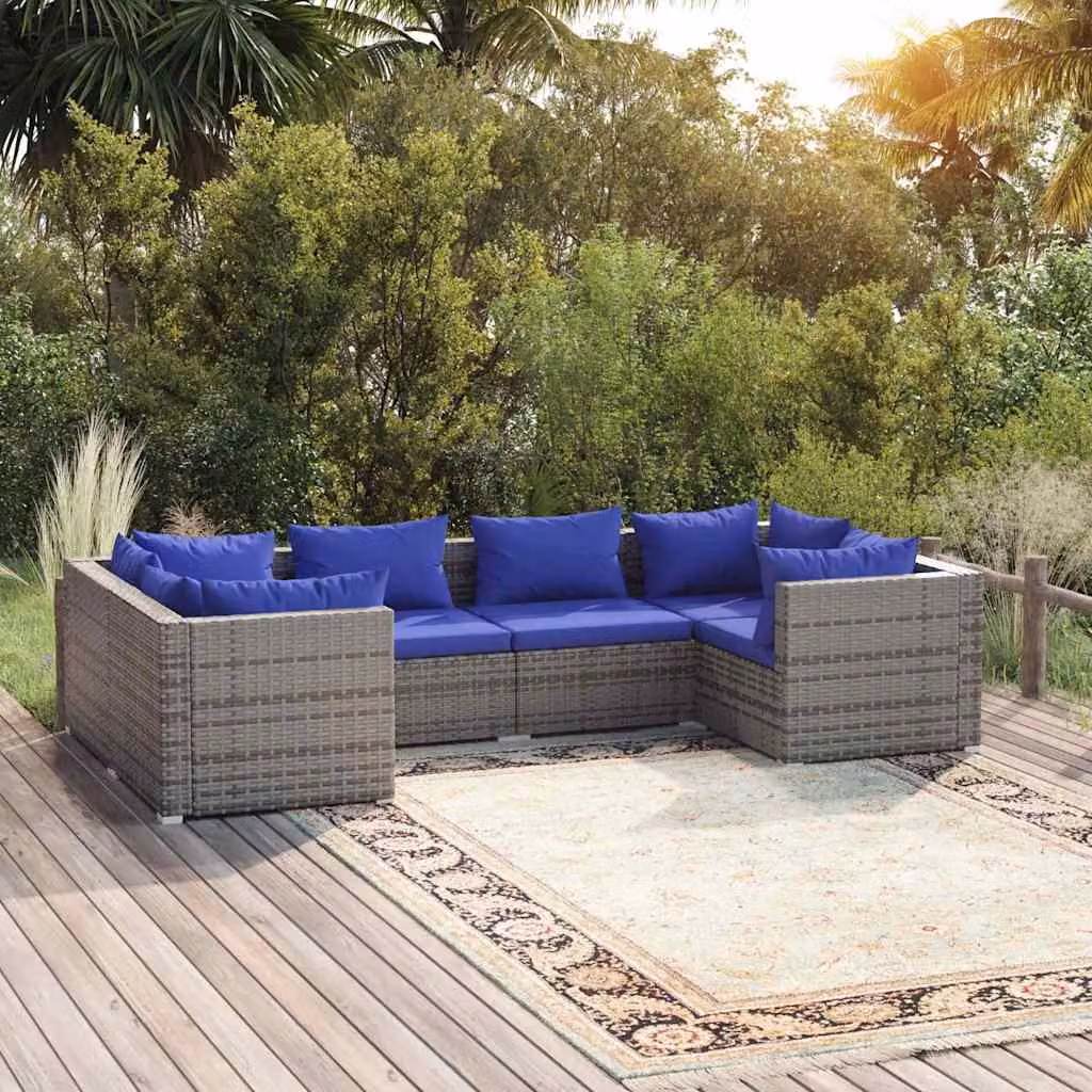 Set di divani da giardino vidaXL a forma di L composto da 6 pezzi con cuscini blu e struttura in metallo grigio e rattan