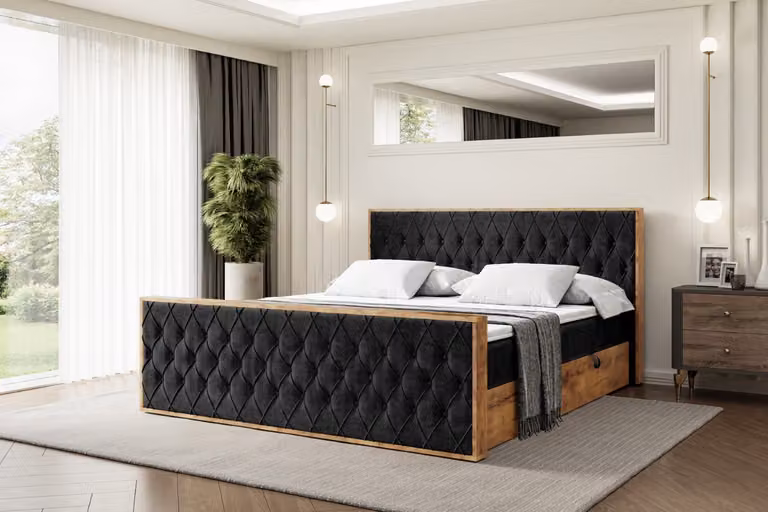 Letto boxspring ALTDECOR con materasso e rete a doghe, coprimaterasso, pediera, letto imbottito con contenitore, letto con spazio contenitivo e materasso H4, letto matrimoniale, letto a cassettoni - LOLLI5-Z - 200x200 - Nero Casablanca