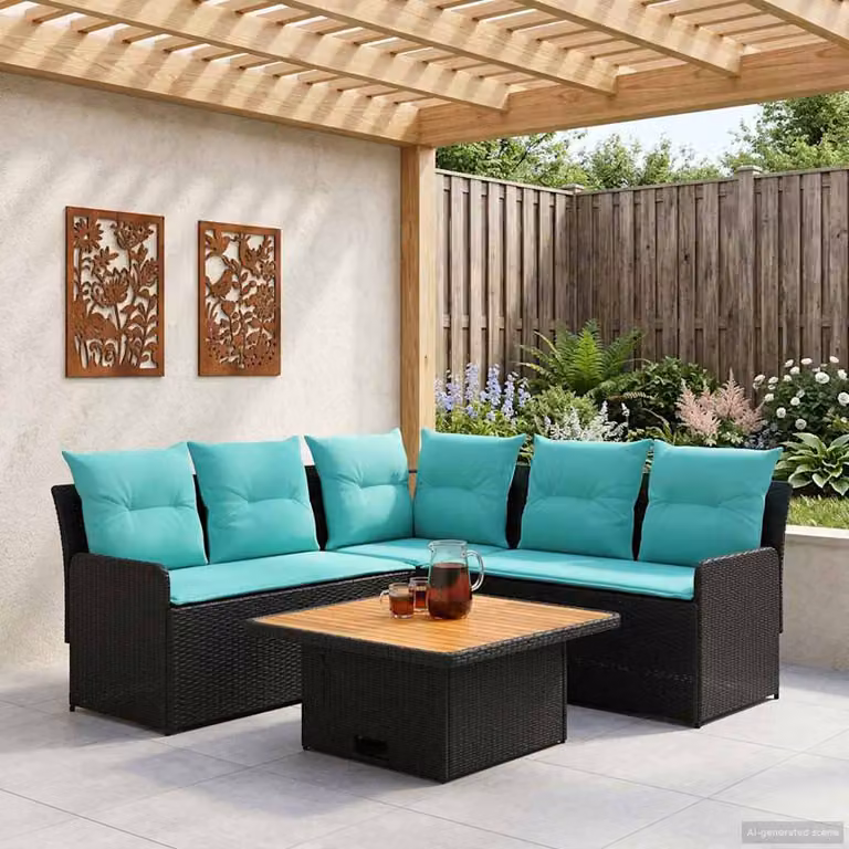 Set di mobili da giardino vidaXL 4 pezzi in rattan con sedute imbottite nero e turchese