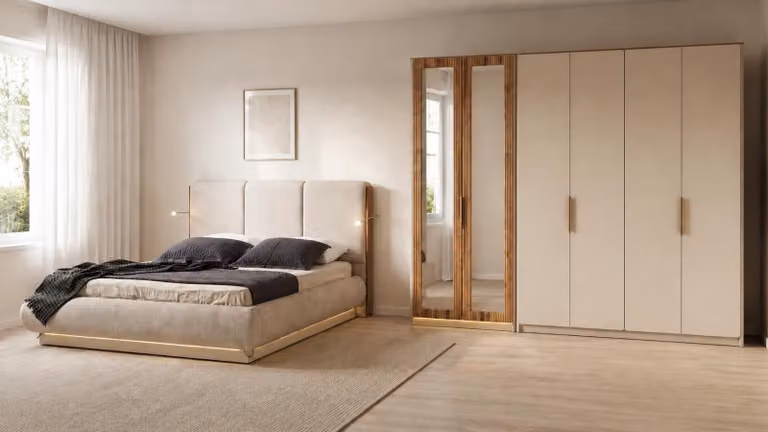 Set moderno in stile scandinavo per la camera da letto, con letto beige e armadio a 6 ante