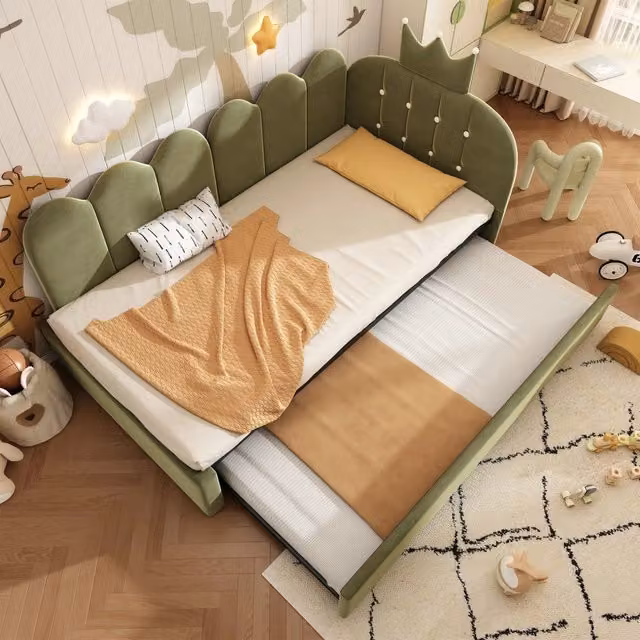 Divano letto in velluto 90x200 cm con letto estraibile 90x190, letto singolo per ospiti a L verde, corona e griglia - Salvaspazio, senza materasso